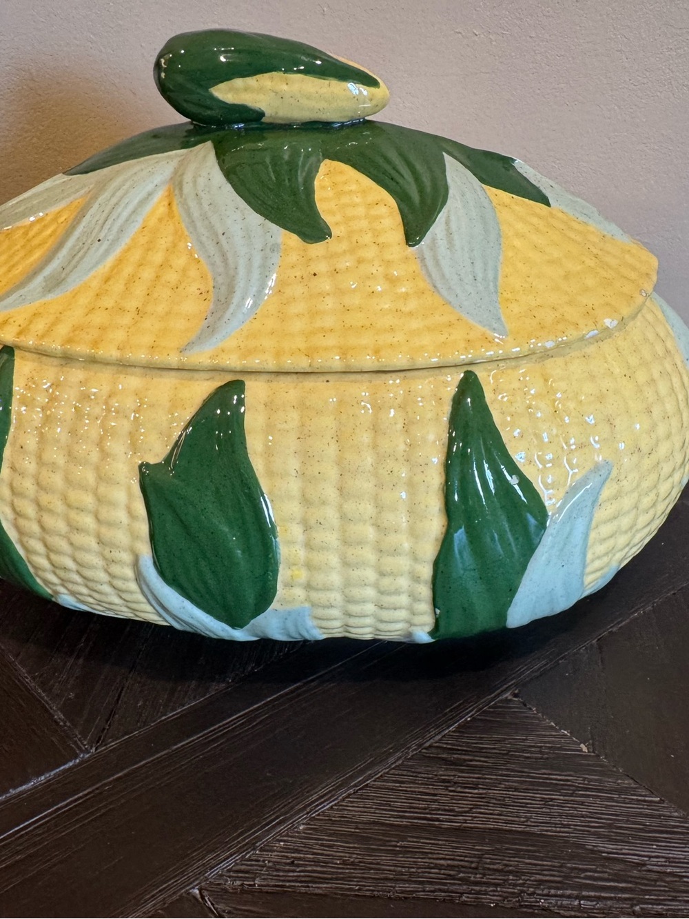 Vintage corn on the cob terrain. And painted bowl and lid.